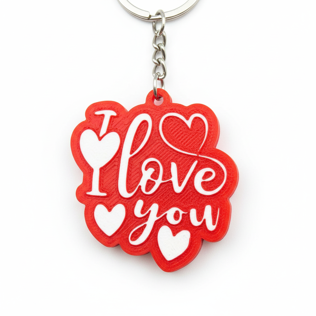 Close-up I Love You keychain intricate 3D printed heart text details