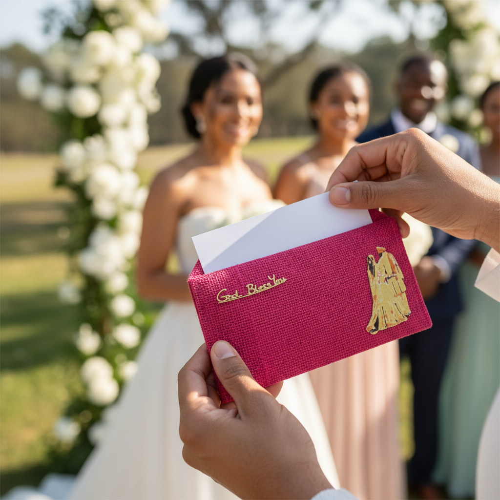 Person holding dark pink 3D printed envelope couple birds wedding