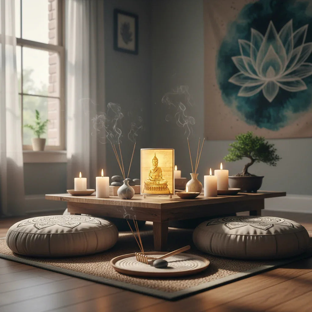 Zen meditation room with Buddha lamp, candles, incense, and lotus decor at The Sculpt Studio