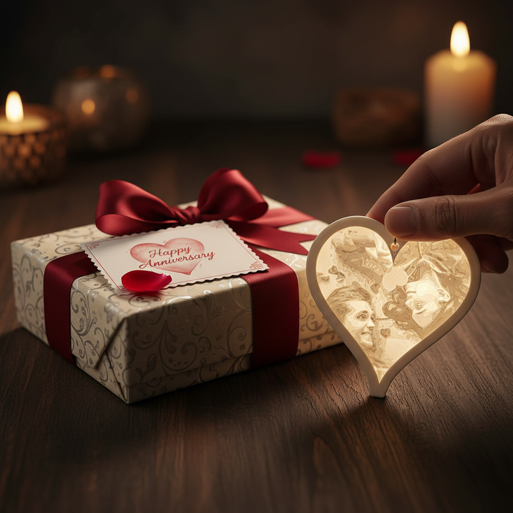 Heart-shaped lithophane photo keychain romantic gift presentation for couples and Valentine's