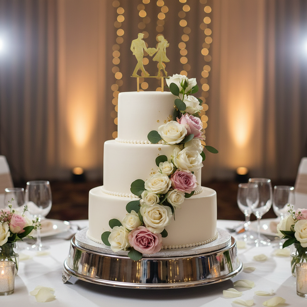Wedding cake decorated with elegant couple love cake topper