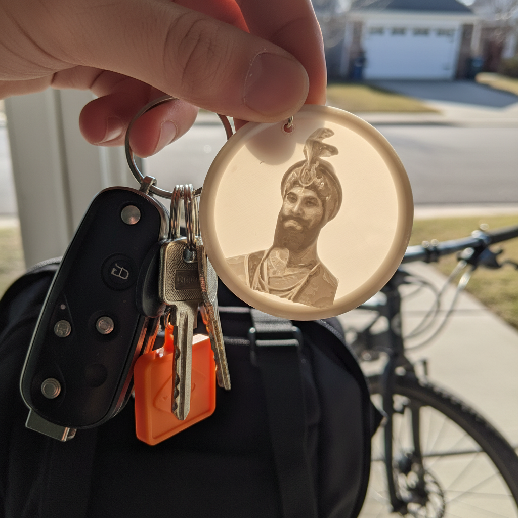 Sikh warrior keychain attached to backpack showing cultural pride everyday use