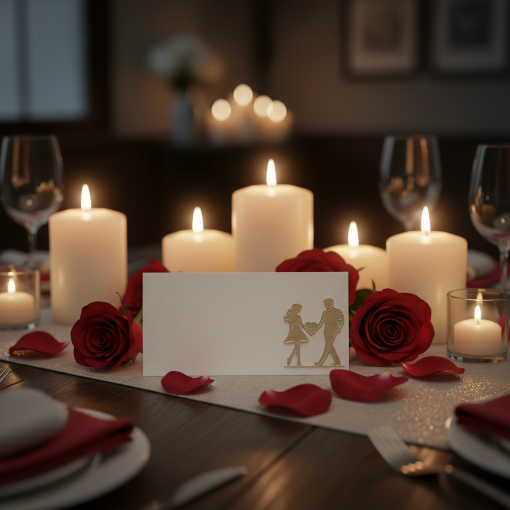 White envelope romantic table roses candles Valentine's Day