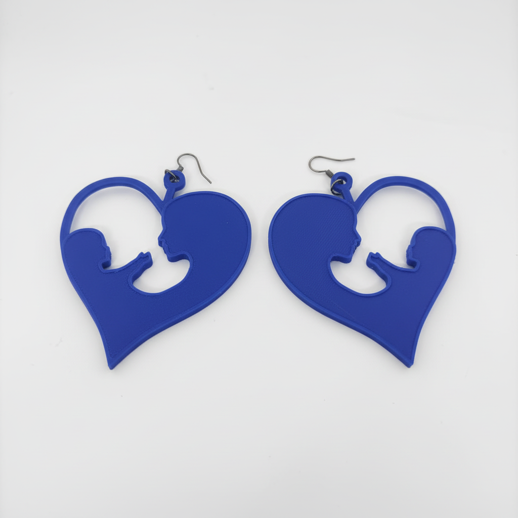 Blue white heart-shaped mother child earrings pair meaningful design