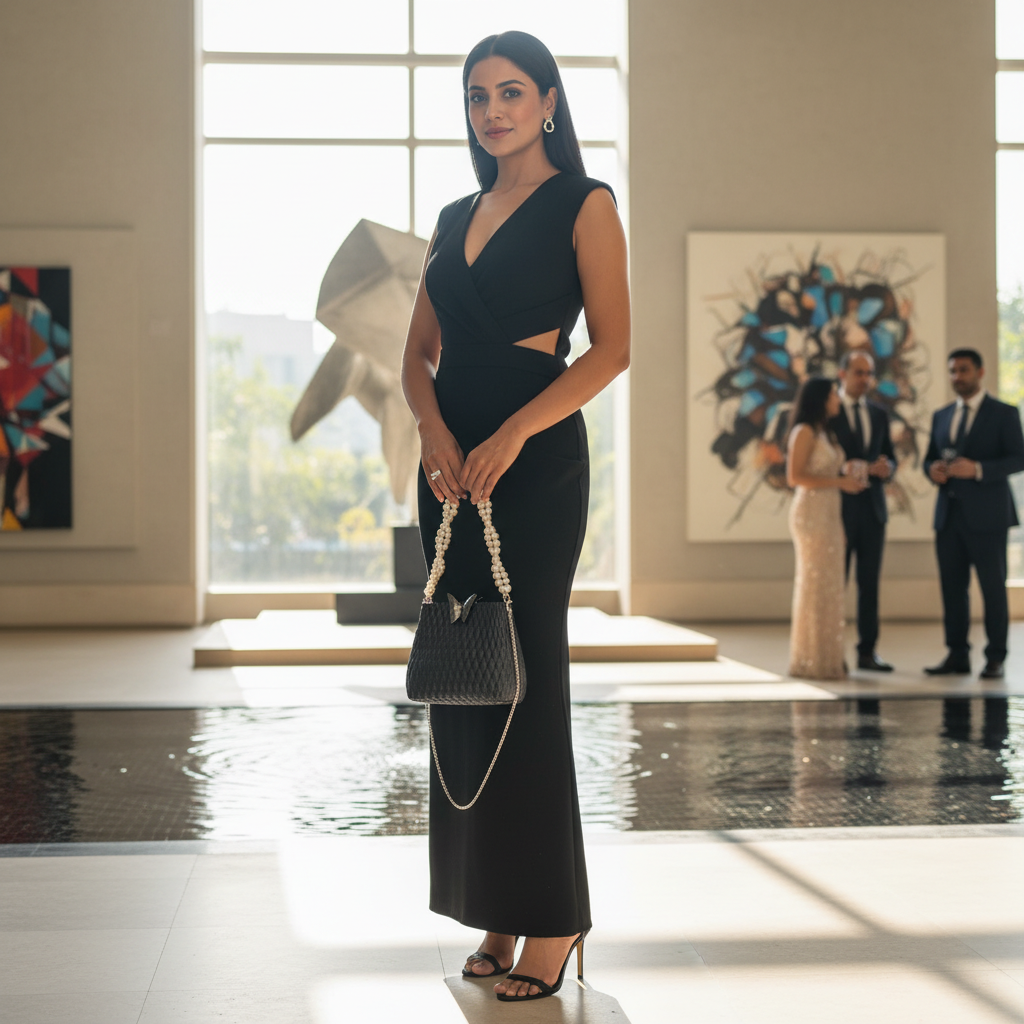 Stylish woman carrying butterfly black pearl charm bag at upscale event showing elegant fashion