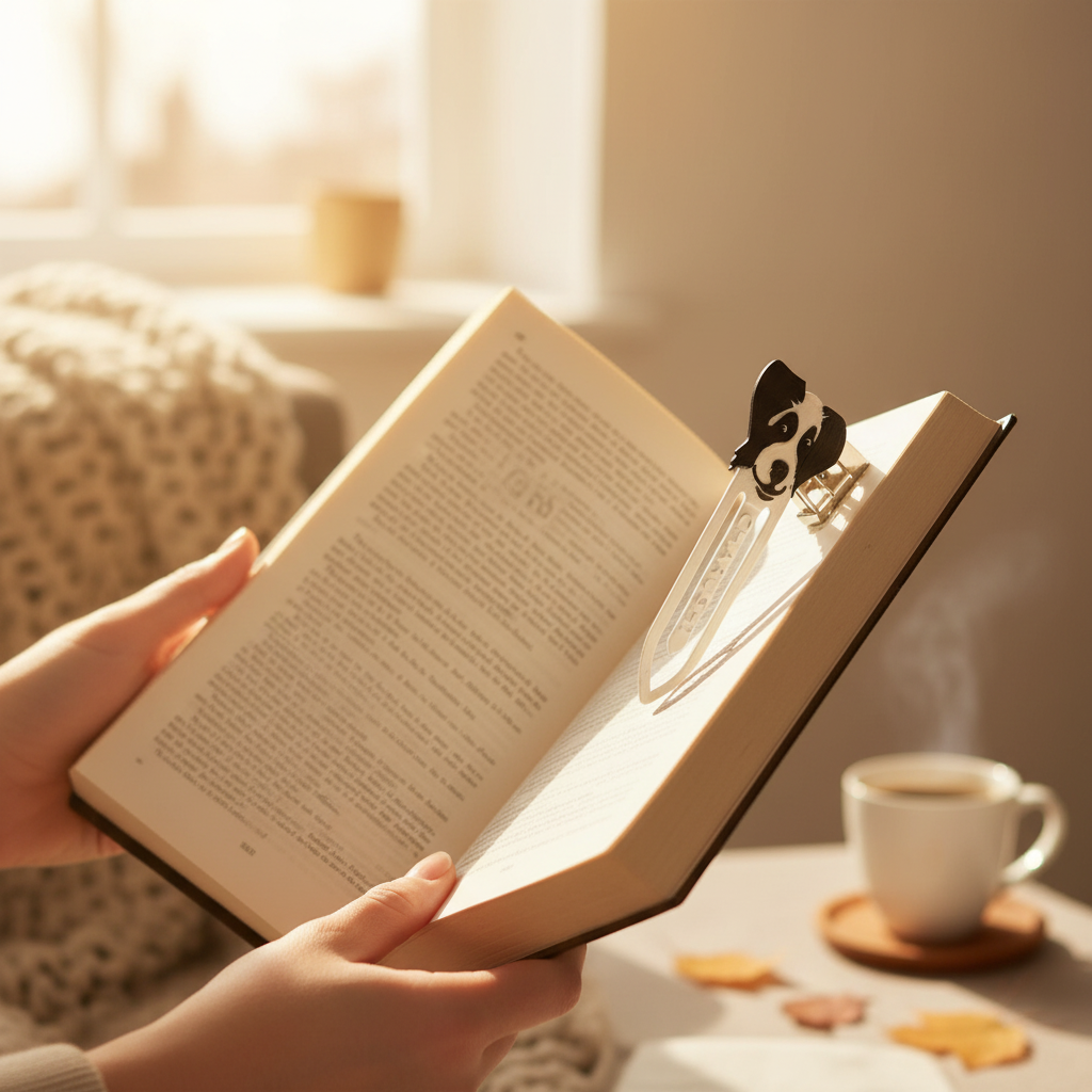Person reading with cute dog clip bookmark attached to book page