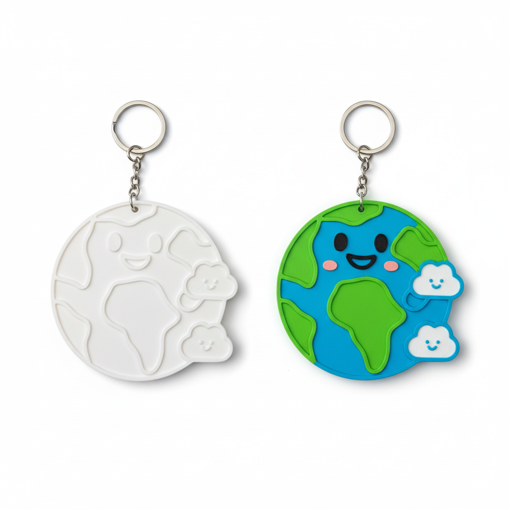 Smiley earth globe keychain before after coloring examples