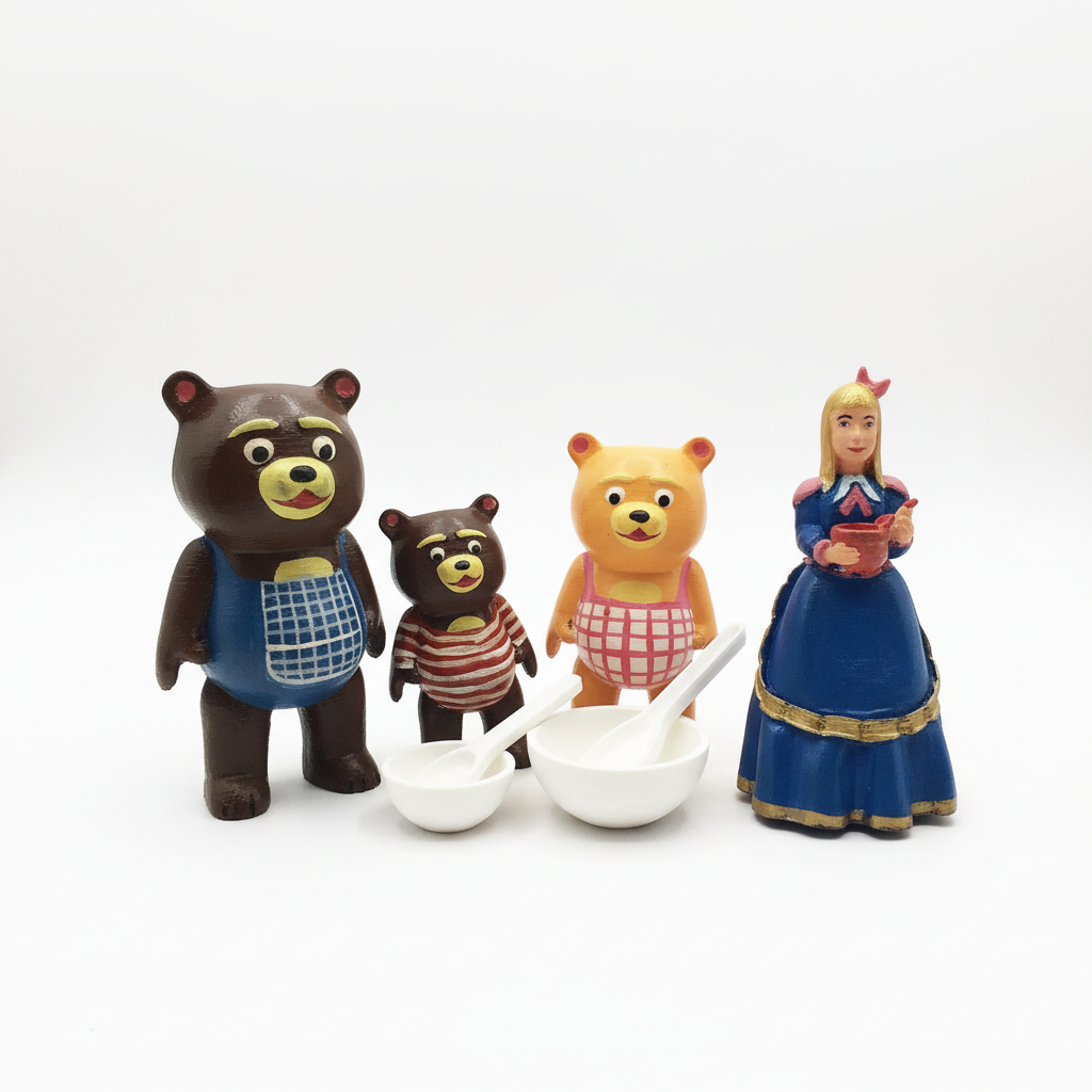 Complete Goldilocks and Three Bears story props set with all four characters in vibrant colors