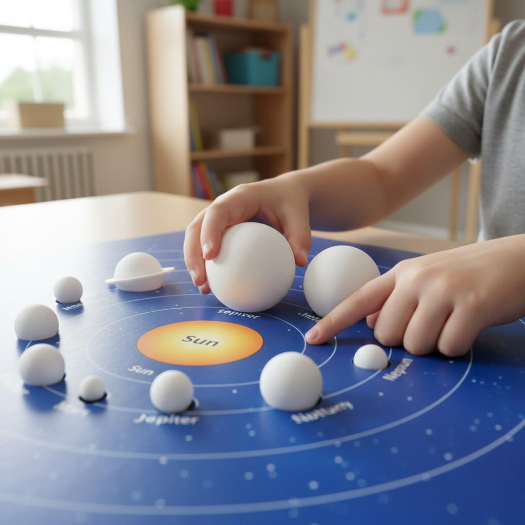 Child assembling DIY planet set for hands-on astronomy education