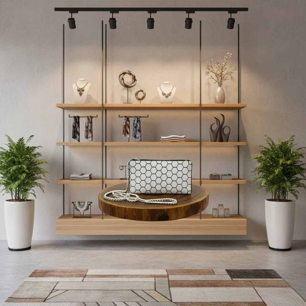 Honeycomb sling bag boutique display modern fashion setting