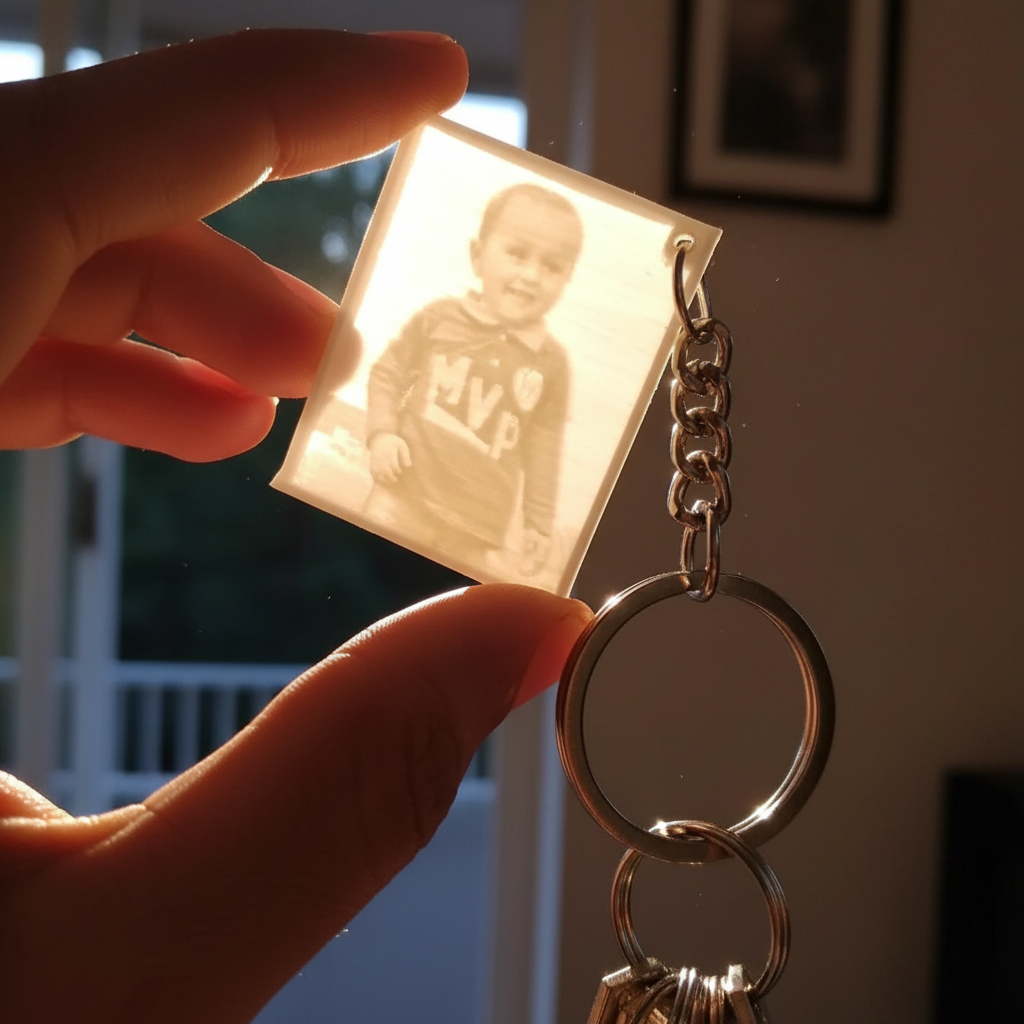 Person holding custom lithophane photo keychain to light showing photo glowing through