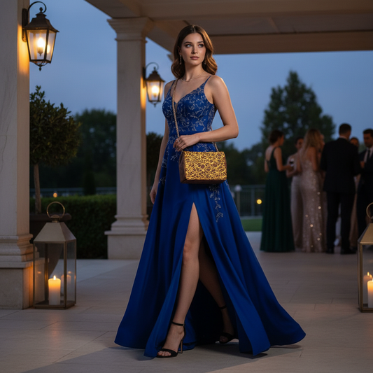 Woman carrying golden web 3D printed handbag evening elegant fashion