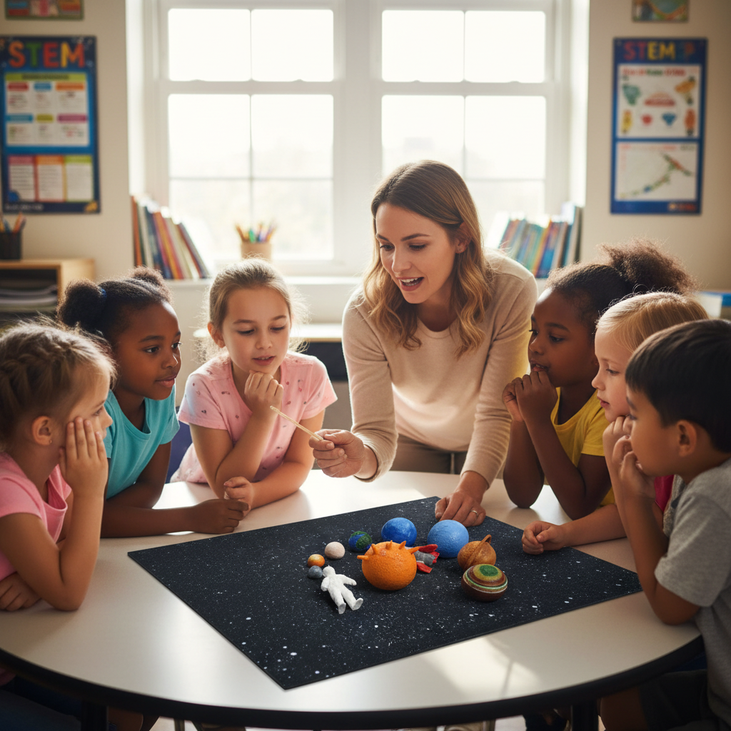 Children classroom STEM learning with solar system set
