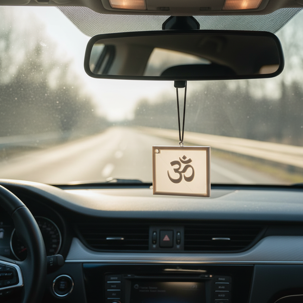 Om symbol keychain hanging from car mirror showing spiritual car accessory