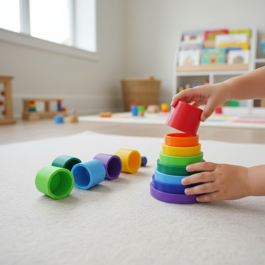 Child's hands stacking nesting cups showing size sorting