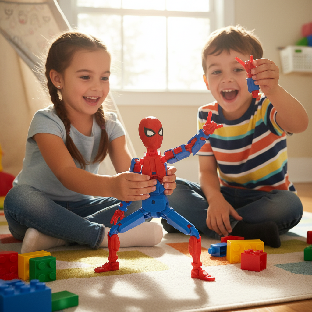 Children playing with 3D printed Spider-Man action figure showing joyful superhero playtime