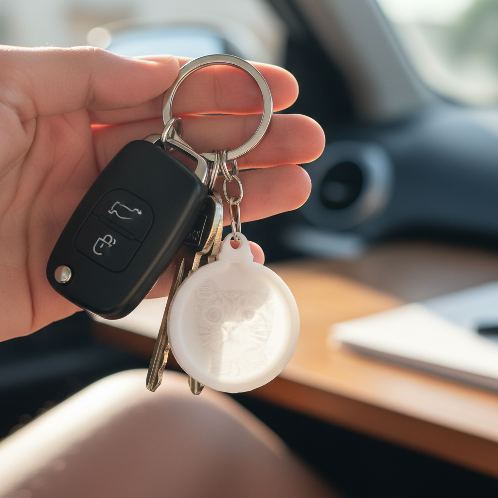 Custom circle lithophane keychain attached to keys showing everyday practical use