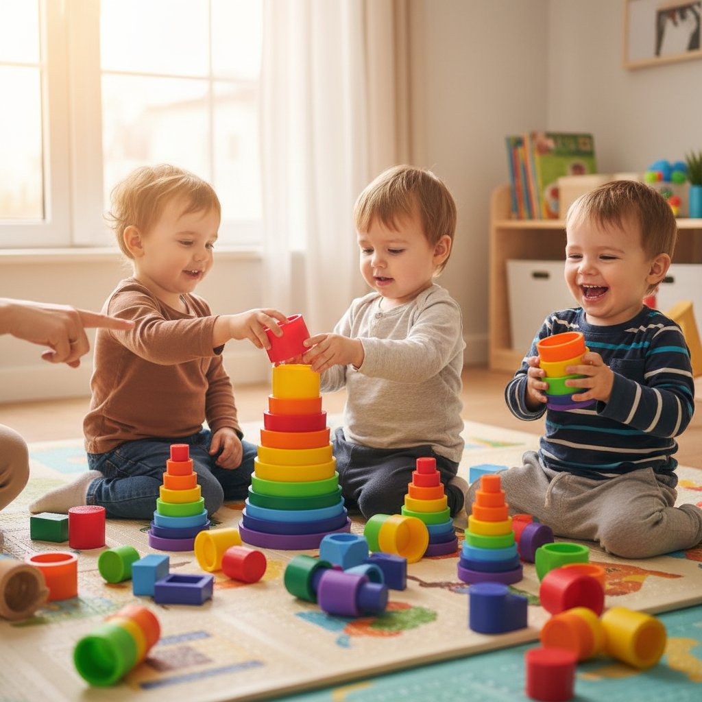 Children playing with colorful nesting cups stacking and building