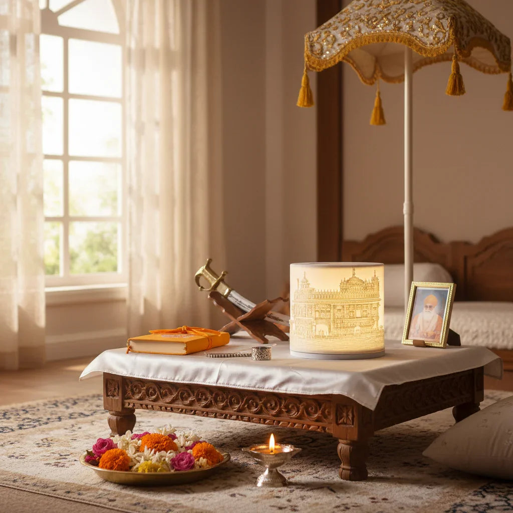 Decorative Sikh prayer space with wooden table, sword, lamp, flowers, and photo frame at The Sculpt Studio