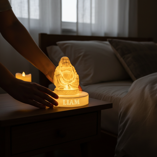 Person placing glowing custom figurine lamp personalized name bedside table